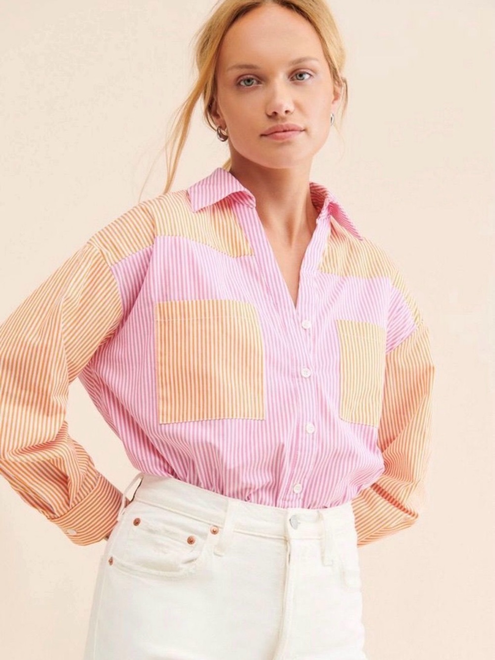 Rahi Striped Button-Up Shirt in Pink and Orange